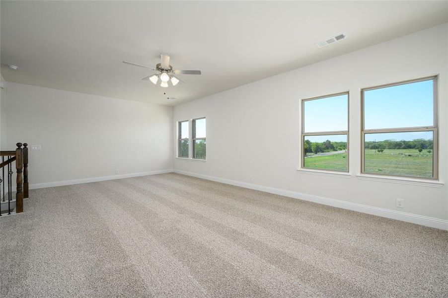 Spare room featuring plenty of natural light, carpet flooring, and ceiling fan