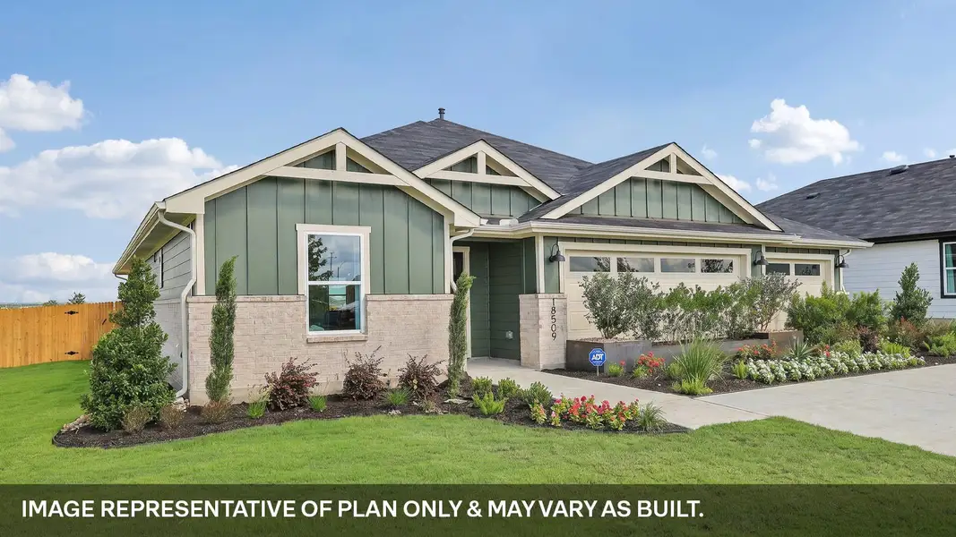 Front exterior of a new home in Monarch Ranch, Manor, TX, highlighting curb appeal (Image 22). Front exterior of a new home in Monarch Ranch, Manor, TX, highlighting curb appeal (Image 22).