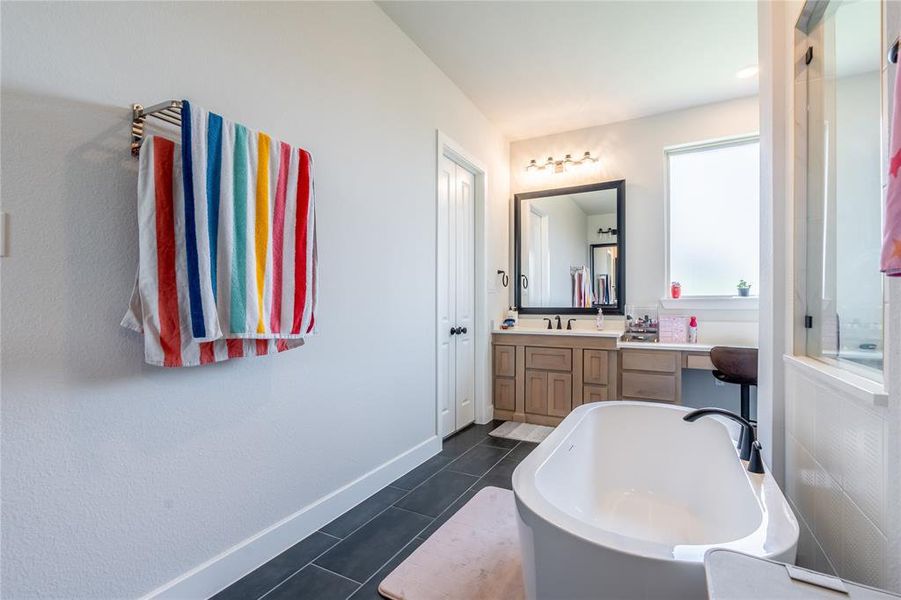 Bathroom with vanity and a freestanding bath