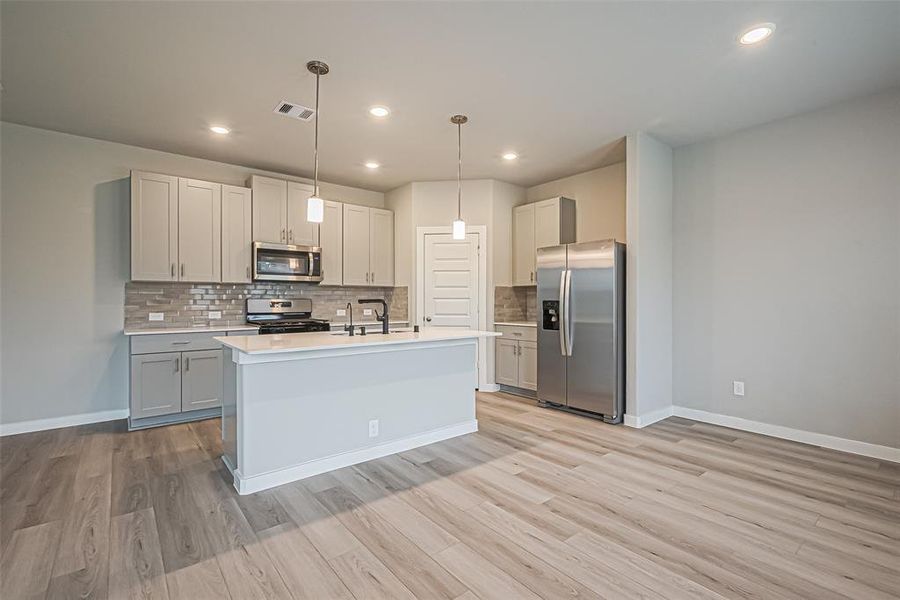 Beautiful kitchen with modern, stainless steel appliances and pantry.