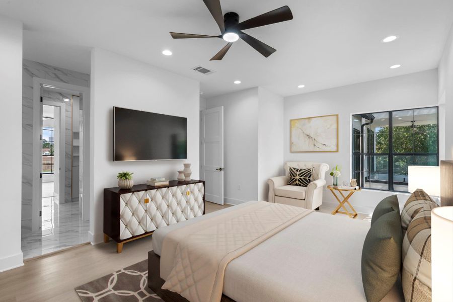 Virtually Staged: Secondary bedroom with engineered wood floors, recessed lighting, a dark stained celing fan, and immediate access to the bath. Virtually Staged: Secondary bedroom with engineered wood floors, recessed lighting, a dark stained celing fan, and immediate access to the bath.