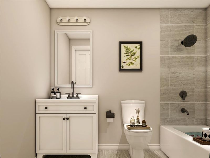 This hallway common bathroom features an upgraded vanity, matte black fixtures, elegant high-arc faucet, and a classic white bathtub. Example photo, virtually staged