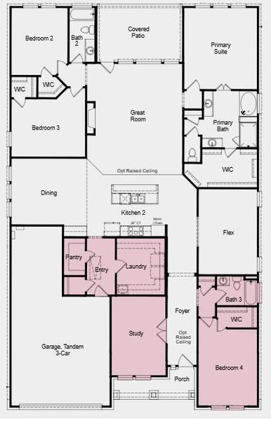 Additional Highlights Include: Bedroom in place of study, full bathroom in place of powder room, study in place of formal dining, raised ceiling at foyer, great room, and kitchen, bench at owner's entry, and gourmet kitchen.
