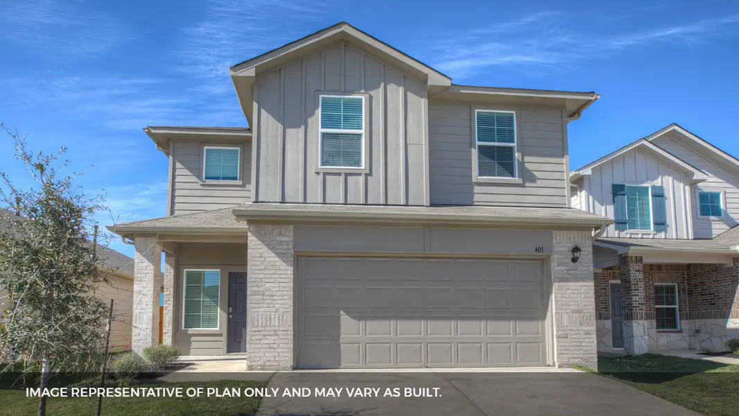 Front exterior of a new home in Carillon, Manor, TX, highlighting curb appeal (Image 1). Front exterior of a new home in Carillon, Manor, TX, highlighting curb appeal (Image 1).