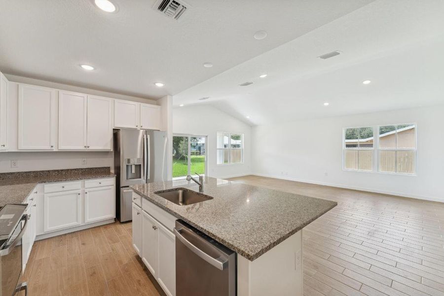 Kitchen, Great Room & Dining Area