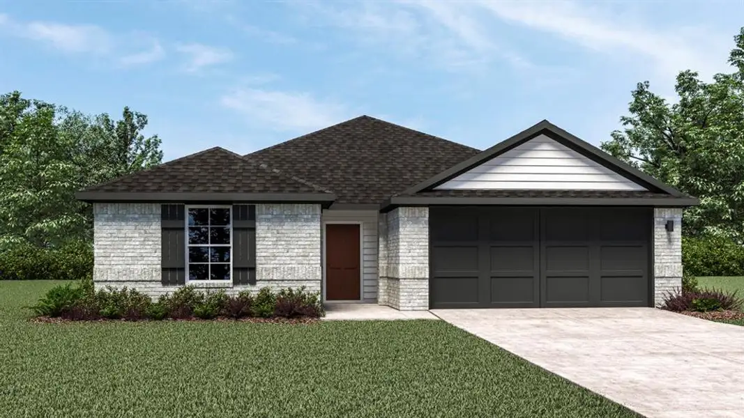 Ranch-style home with driveway, roof with shingles, a front lawn, a garage, and brick siding