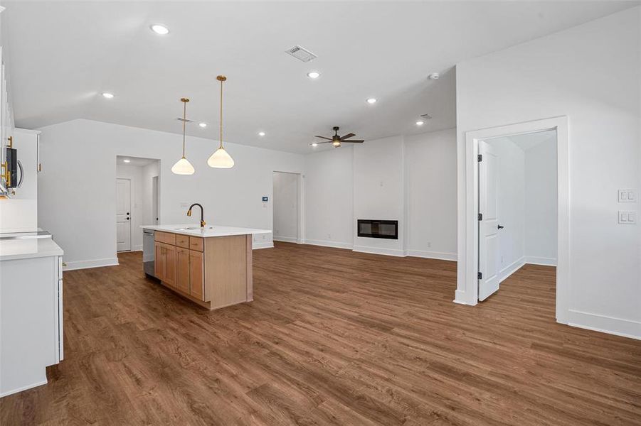 Kitchen featuring visible vents, dark wood-type flooring, a sink, a glass covered fireplace, and appliances with stainless steel finishes