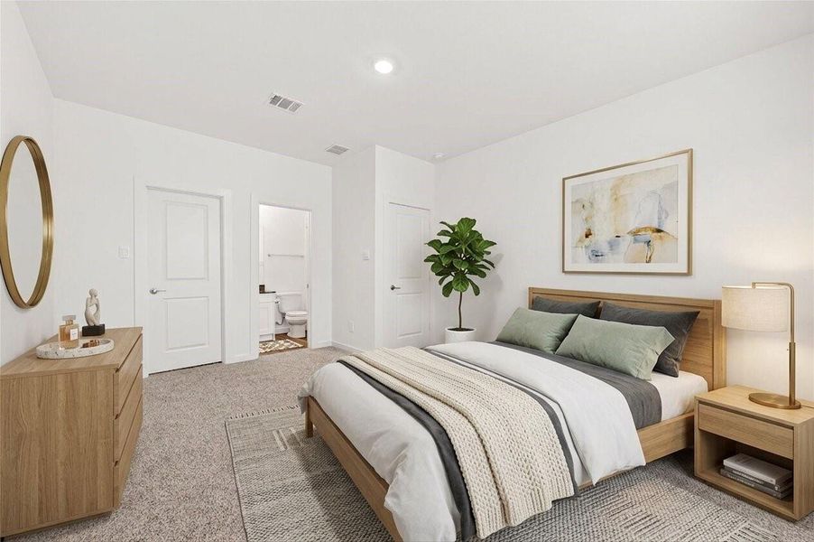 Virtually staged, downstairs guest Bedroom: A private guest bedroom at the front of the home includes plush carpet, a walk-in closet, and convenient access to a private full bathroom. Virtually staged, downstairs guest Bedroom: A private guest bedroom at the front of the home includes plush carpet, a walk-in closet, and convenient access to a private full bathroom.