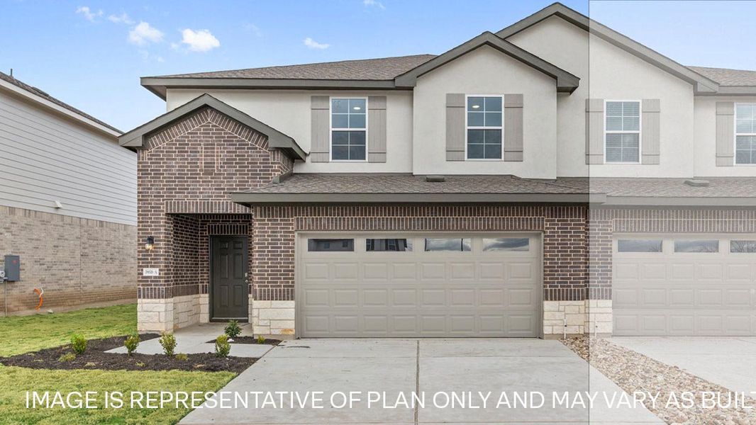 Front exterior of a new home in Palomino, Manor, TX, highlighting curb appeal (Image 2). Front exterior of a new home in Palomino, Manor, TX, highlighting curb appeal (Image 2).