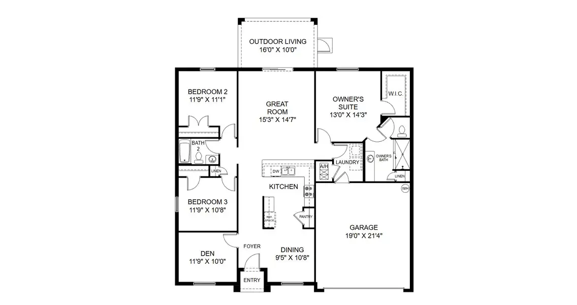 2D floor plan layout for the Juno Spirit by Holiday Builders in Spirit Of Sebastian, Sebastian, FL (Image 3). 2D floor plan layout for the Juno Spirit by Holiday Builders in Spirit Of Sebastian, Sebastian, FL (Image 3).