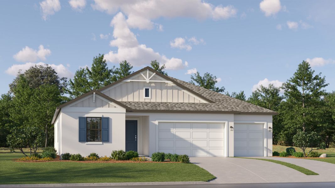 Front exterior of a new home in Angeline, Land O' Lakes, FL, highlighting curb appeal (Image 1). Front exterior of a new home in Angeline, Land O' Lakes, FL, highlighting curb appeal (Image 1).