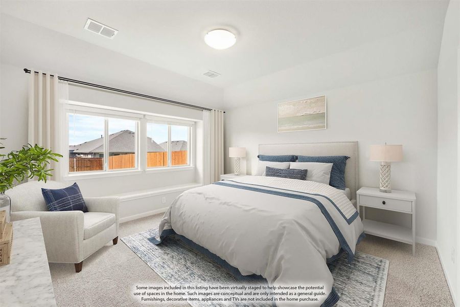 Bedroom with queen bed, white walls, carpet flooring, and large window with neighborhood view