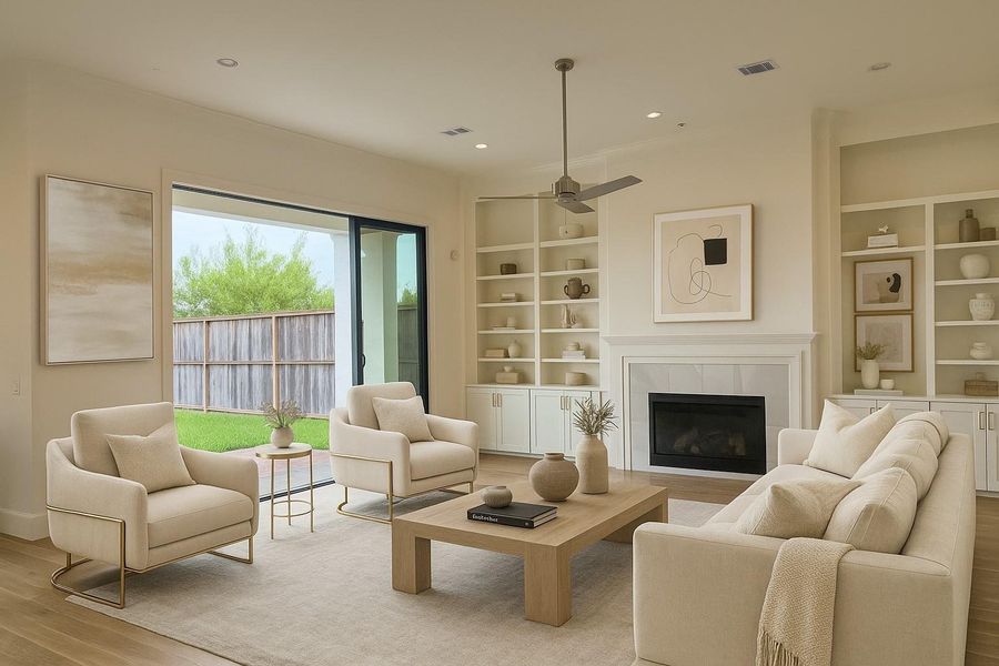 gorgeous bright open living area with soaring 12ft ceilings, custom shelves and cabinet builtins and cozy gaslog fireplace. Epic 10ft glass slider doors lead to huge backyard (furniture generated by AI) gorgeous bright open living area with soaring 12ft ceilings, custom shelves and cabinet builtins and cozy gaslog fireplace. Epic 10ft glass slider doors lead to huge backyard (furniture generated by AI)