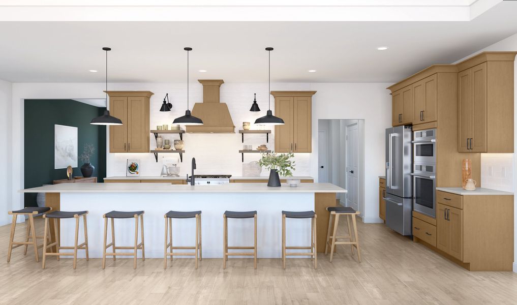 Kitchen with pendant lighting and floating shelves