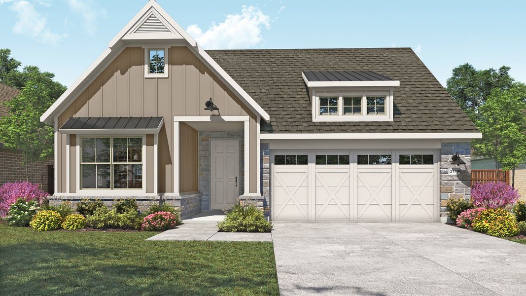 Representative exterior photo of a completed home built from the Juniper by DRB Homes in Newhaven, Manor, TX (Image 6). Representative exterior photo of a completed home built from the Juniper by DRB Homes in Newhaven, Manor, TX (Image 6).