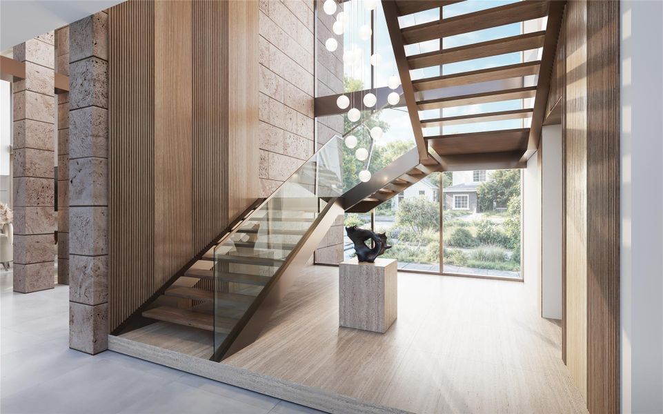 Rendering of completed foyer staircase blending modern architecture with enduring elegance