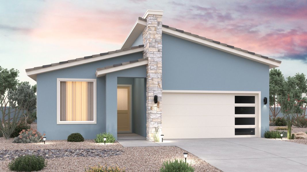 Representative exterior photo of a completed home built from the Larkspur by Brightland Homes in Teravalis, Buckeye, AZ (Image 4). Representative exterior photo of a completed home built from the Larkspur by Brightland Homes in Teravalis, Buckeye, AZ (Image 4).