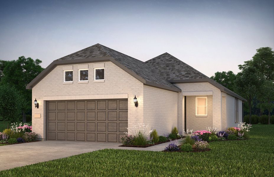 The Alpine, a one-story home with 2-car garage, shown with home exterior TR201