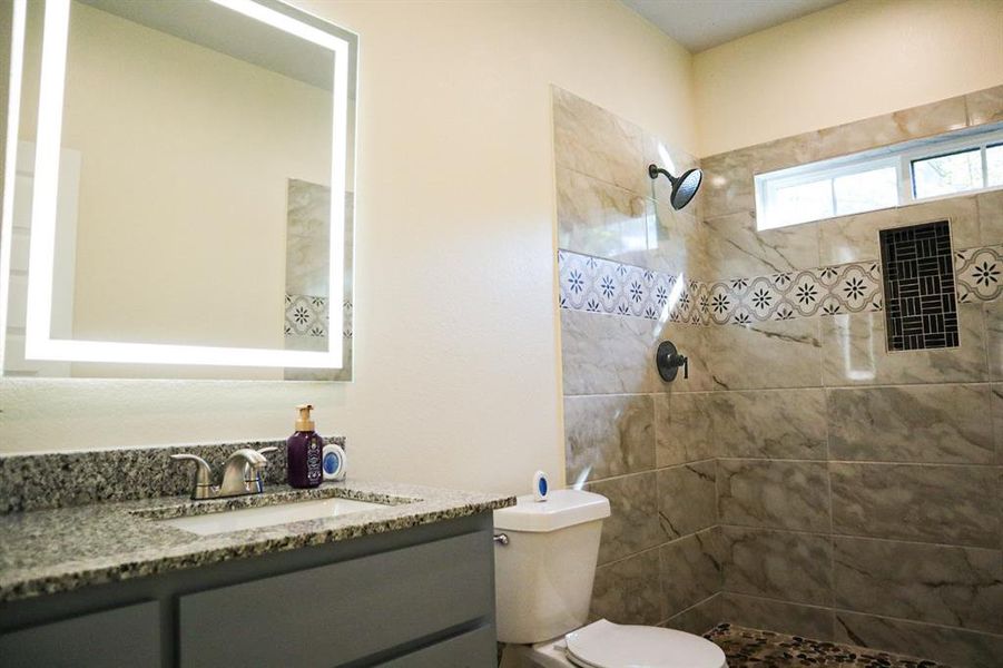 Bathroom with vanity, a tile shower, and toilet