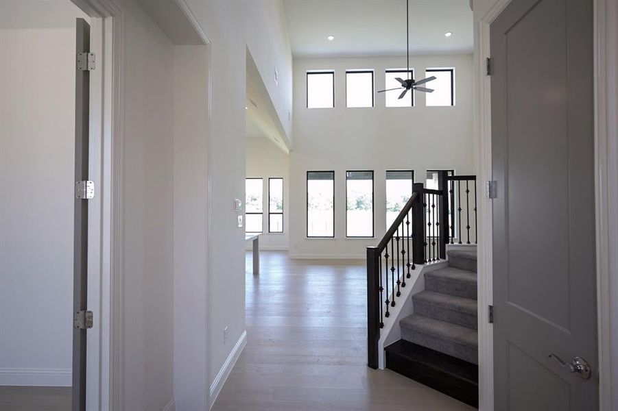 Foyer entrance featuring a towering ceiling, ceiling fan, and wood flooring