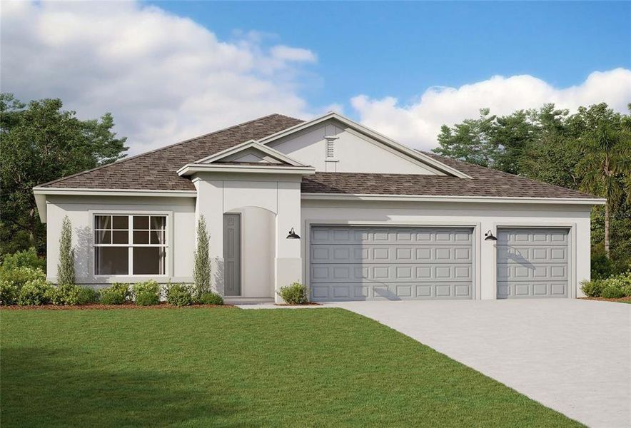 Front exterior of a new home in Fieldstone, Plant City, FL, highlighting curb appeal (Image 1).