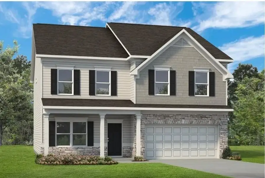 Front exterior of a new home in Glen at Cave Springs, Douglasville, GA, highlighting curb appeal (Image 1). Front exterior of a new home in Glen at Cave Springs, Douglasville, GA, highlighting curb appeal (Image 1).
