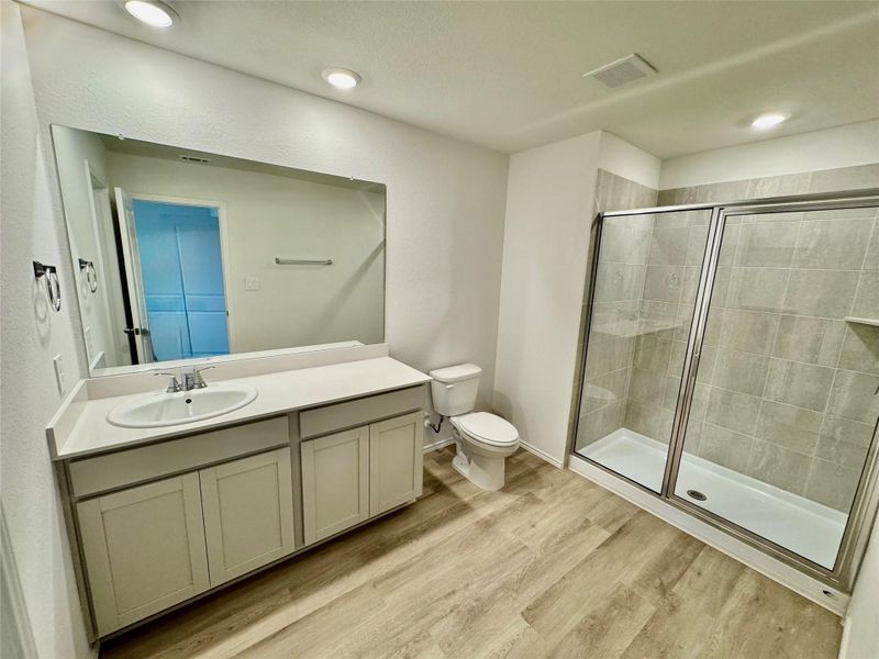 Full bathroom featuring vanity, a shower stall, light wood finished floors, and recessed lighting Full bathroom featuring vanity, a shower stall, light wood finished floors, and recessed lighting