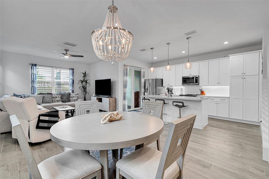 Kitchen and Dining and living area.