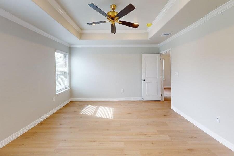 Spare room featuring a tray ceiling, light wood finished floors, ornamental molding, and ceiling fan