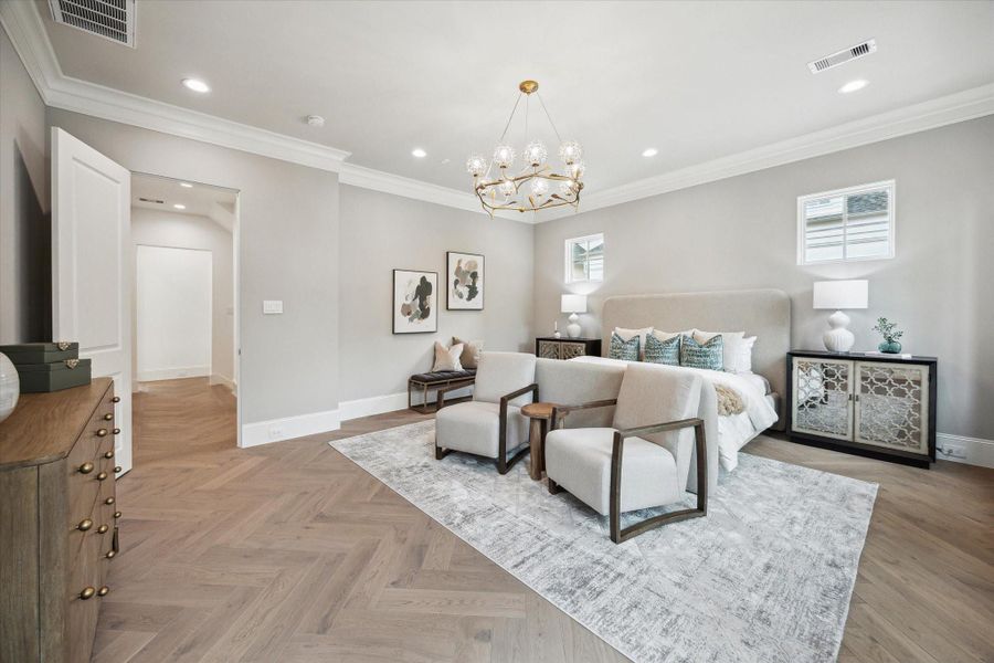 All homes have Legno Baston engineered White Oak wood flooring in 5.5" in the first floor, stairways, hallways, and Primary. Buyers can choose between numerous options for flooring upgrades, including installing in different patterns, continuing wood into secondary bedrooms, or choosing 7" or 8.5" planks. *Photo is of another home in the community and for informational purposes only. All homes have Legno Baston engineered White Oak wood flooring in 5.5" in the first floor, stairways, hallways, and Primary. Buyers can choose between numerous options for flooring upgrades, including installing in different patterns, continuing wood into secondary bedrooms, or choosing 7" or 8.5" planks. *Photo is of another home in the community and for informational purposes only.