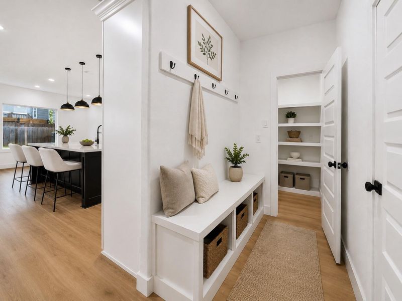 Functional mudroom featuring built in bench seating, convenient storage, and a spacious walk in closet.