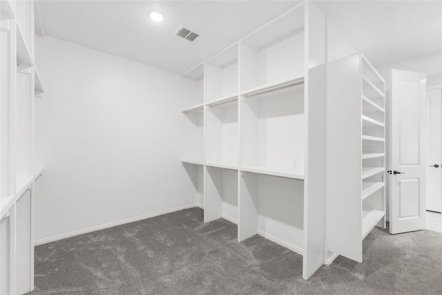 Spacious walk-in closet with white built-in shelving, hanging rods, and gray carpet flooring
