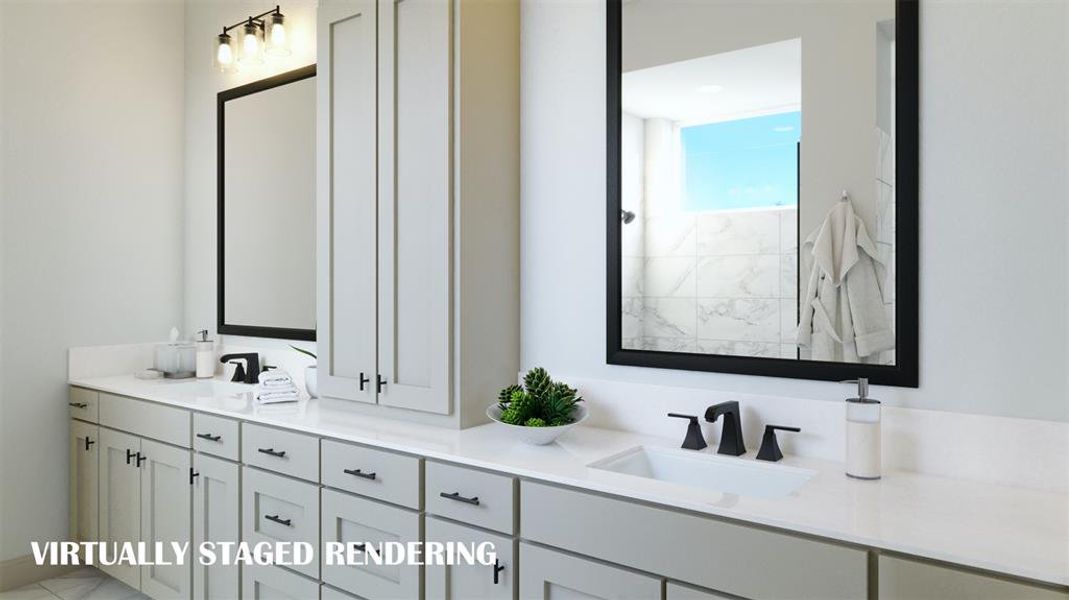 Filled with style, space and storage, this new owner's bath is everything you have been searching for.  VIRTUALLY STAGED RENDERING