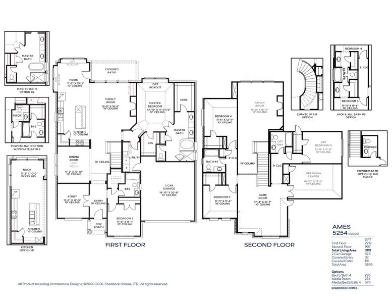 2D floor plan layout for the Ames - 5254 TP by Shaddock Homes in Tavolo Park, Fort Worth, TX (Image 3).