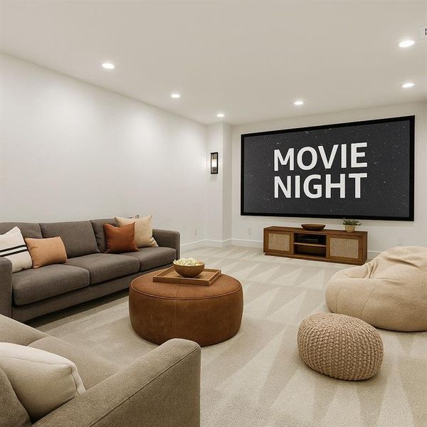 Carpeted home theater with recessed lighting virtually staged