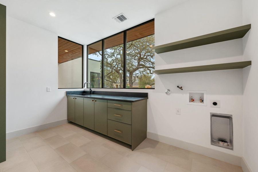 Laundry area featuring gas dryer hookup, hookup for a washing machine, electric dryer hookup, and recessed lighting