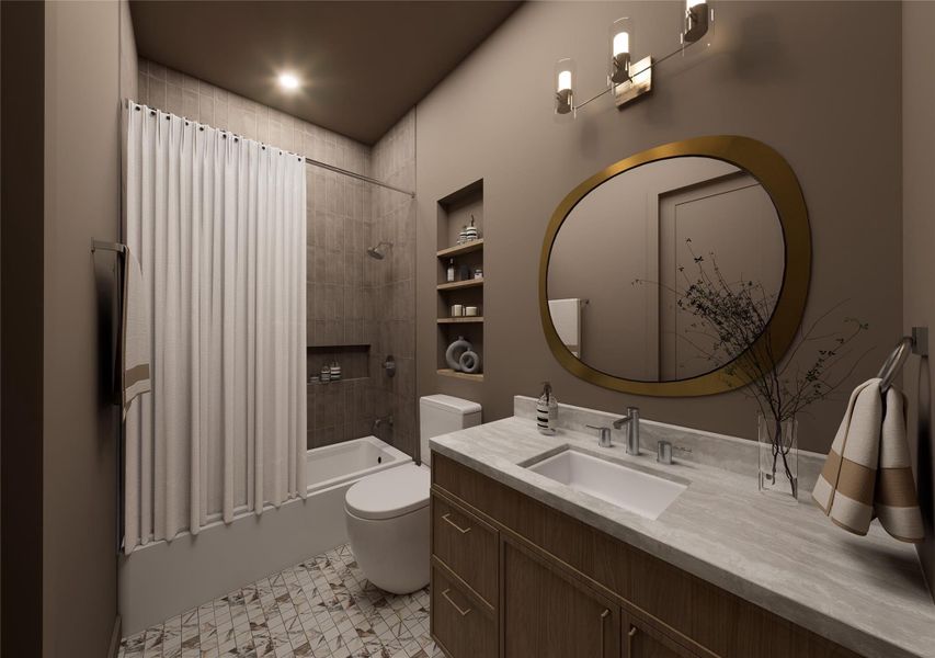 Moody hues and warm metallic accents give this bath a refined, designer-forward feel. A statement round mirror, tailored vanity, and tiled tub surround come together to create a space that feels elevated yet effortlessly functional. Moody hues and warm metallic accents give this bath a refined, designer-forward feel. A statement round mirror, tailored vanity, and tiled tub surround come together to create a space that feels elevated yet effortlessly functional.