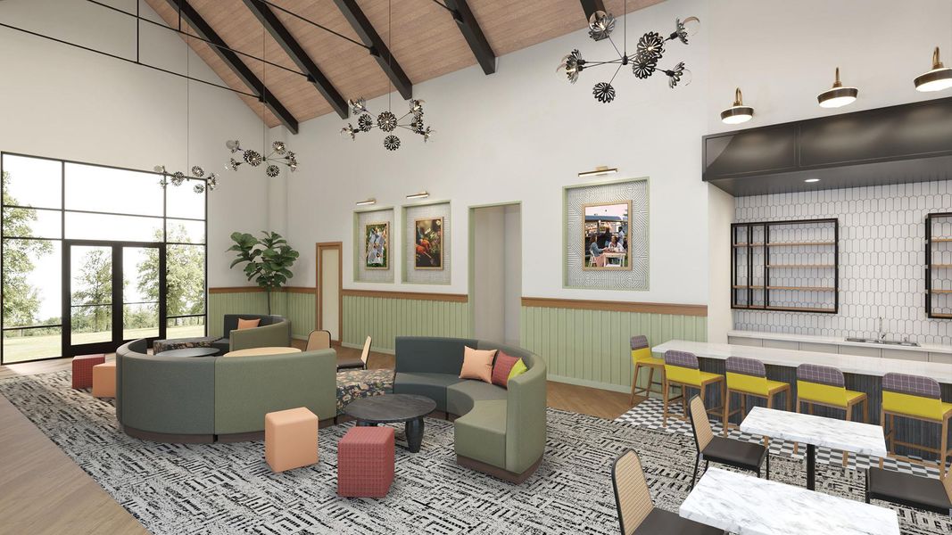 Building lobby featuring high vaulted ceiling, wainscoting, and a wooden ceiling with exposed beams