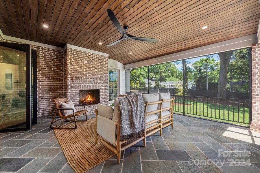 Screened porch with fireplace