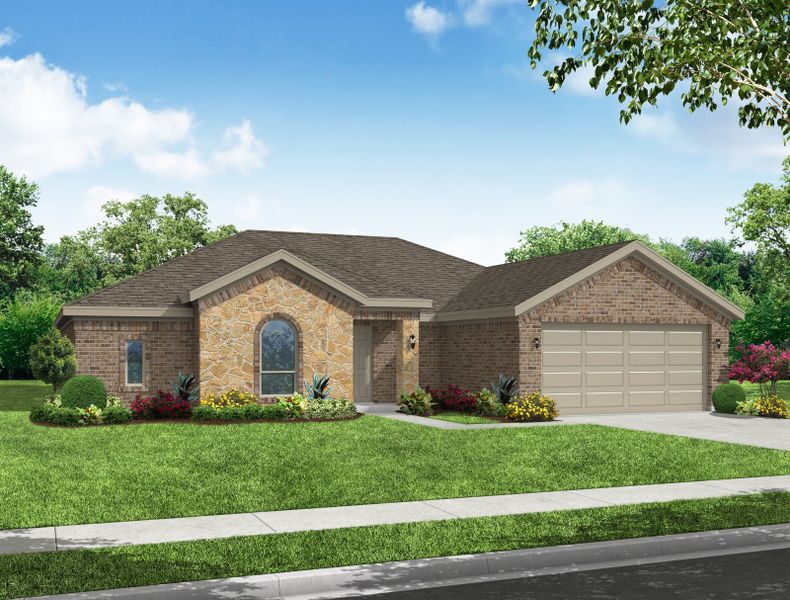 Representative exterior photo of a completed home built from the Alderbury II by Impression Homes in Mountain Valley Lake, Burleson, TX (Image 10). Representative exterior photo of a completed home built from the Alderbury II by Impression Homes in Mountain Valley Lake, Burleson, TX (Image 10).