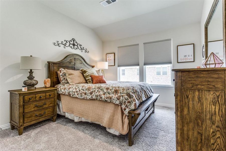 Bedroom featuring carpet and lofted ceiling