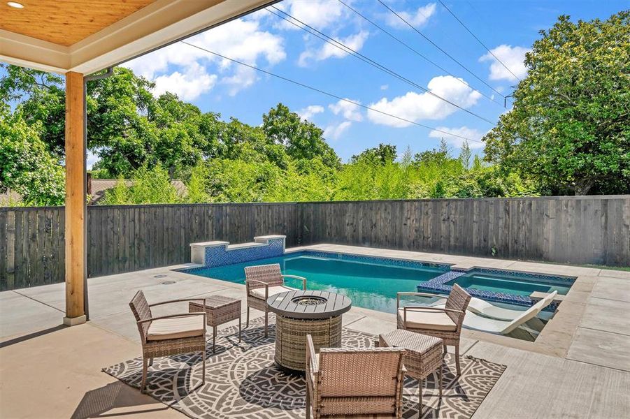 View of pool with an in ground hot tub and a patio area