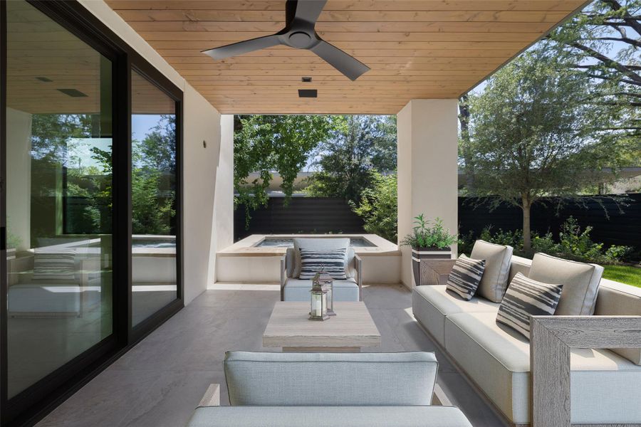 View of patio with ceiling fan, an outdoor lounge area, and a plunge pool