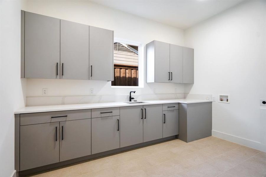 Kitchen with sink and gray cabinetry