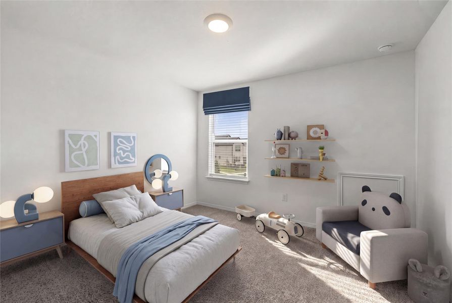 A well-lit bedroom provides a serene retreat, offering ample space and soft carpeting underfoot.  Some elements digitally staged.