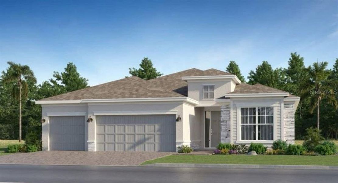Front exterior of a new home in Island Lakes at Coco Bay: Manor Homes, Englewood, FL, highlighting curb appeal (Image 1).