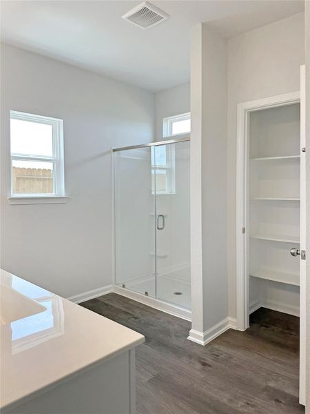 The Kettering II- Primary Bath with Large Walk-in Shower. Home under construction. Sample floor plan photo used for illustrative purposes only. Upgrades, selections options, windows and colors may vary. The Kettering II- Primary Bath with Large Walk-in Shower. Home under construction. Sample floor plan photo used for illustrative purposes only. Upgrades, selections options, windows and colors may vary.