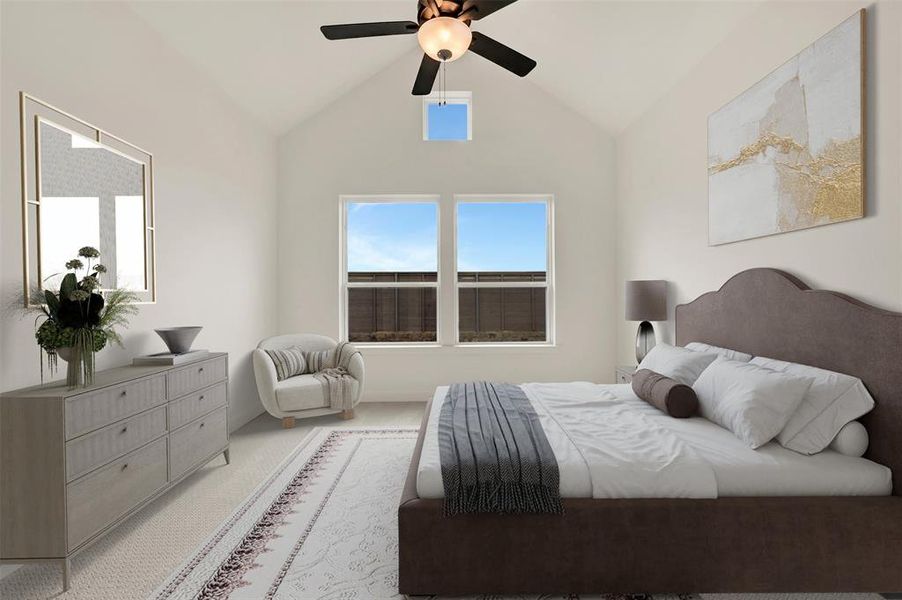 Bedroom with vaulted ceilings, a ceiling fan, and two large windows