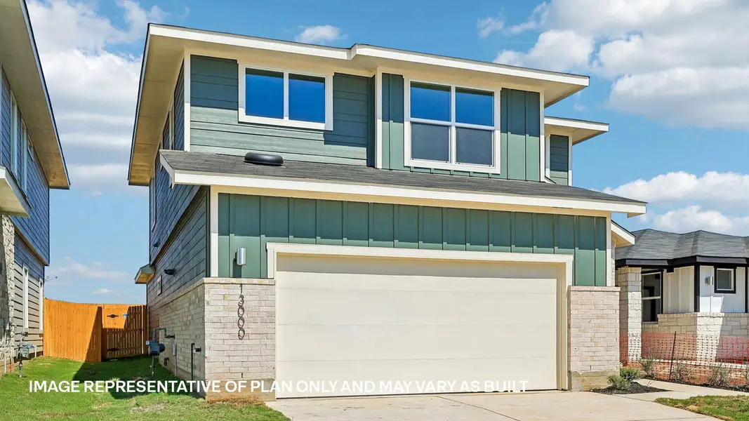 Front exterior of a new home in Frontier, Mustang Ridge, TX, highlighting curb appeal (Image 2). Front exterior of a new home in Frontier, Mustang Ridge, TX, highlighting curb appeal (Image 2).