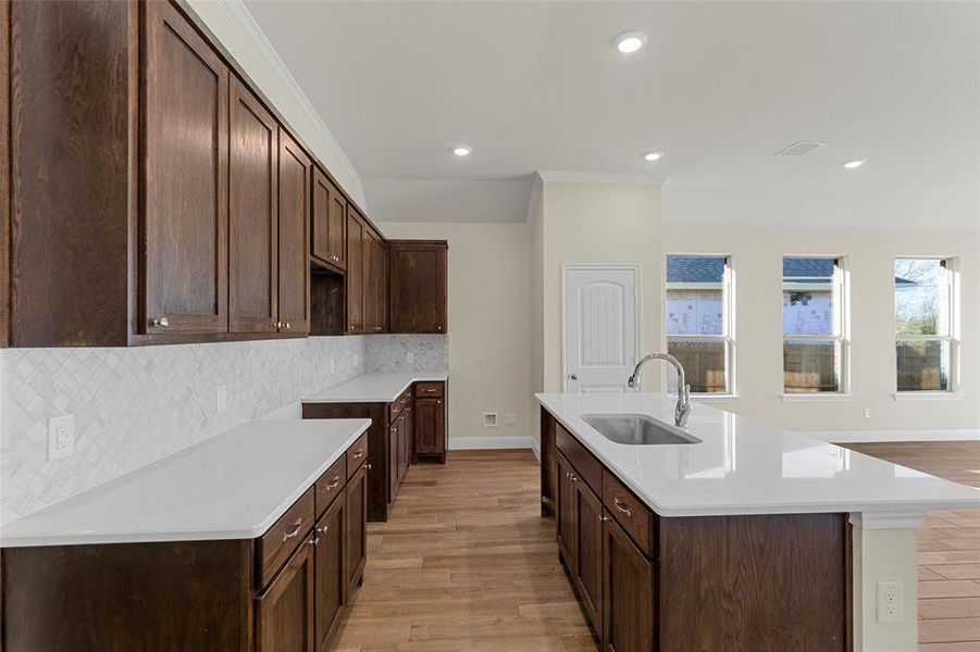 Kitchen with sink, light hardwood / wood-style flooring, decorative backsplash, an island with sink, and dark brown cabinetry